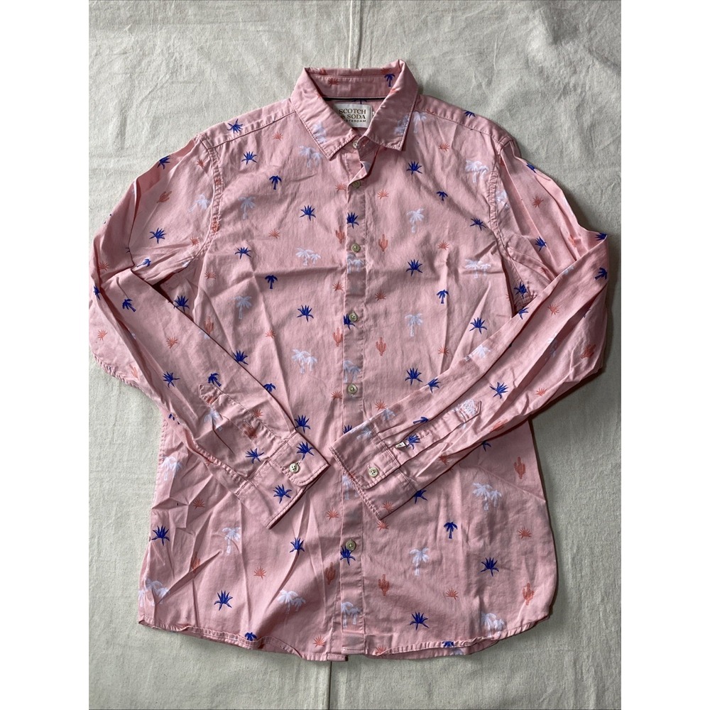 Scotch & Soda Men's Pink Palm Tree Print Hawaiian Shirt Sz Large Slim Long Sleev